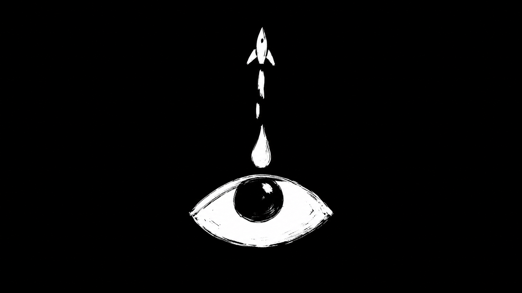 A white brush-drawn eye looks upward as a rising tear becomes a small rocket against a black background.