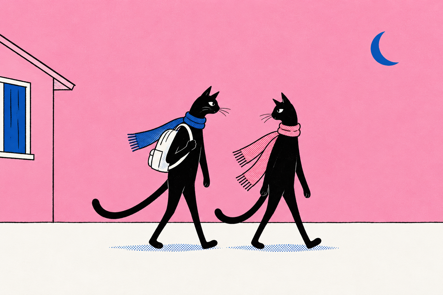 Two black cats walk together beneath a crescent moon, illustrated in pink, cobalt blue, black, and white.