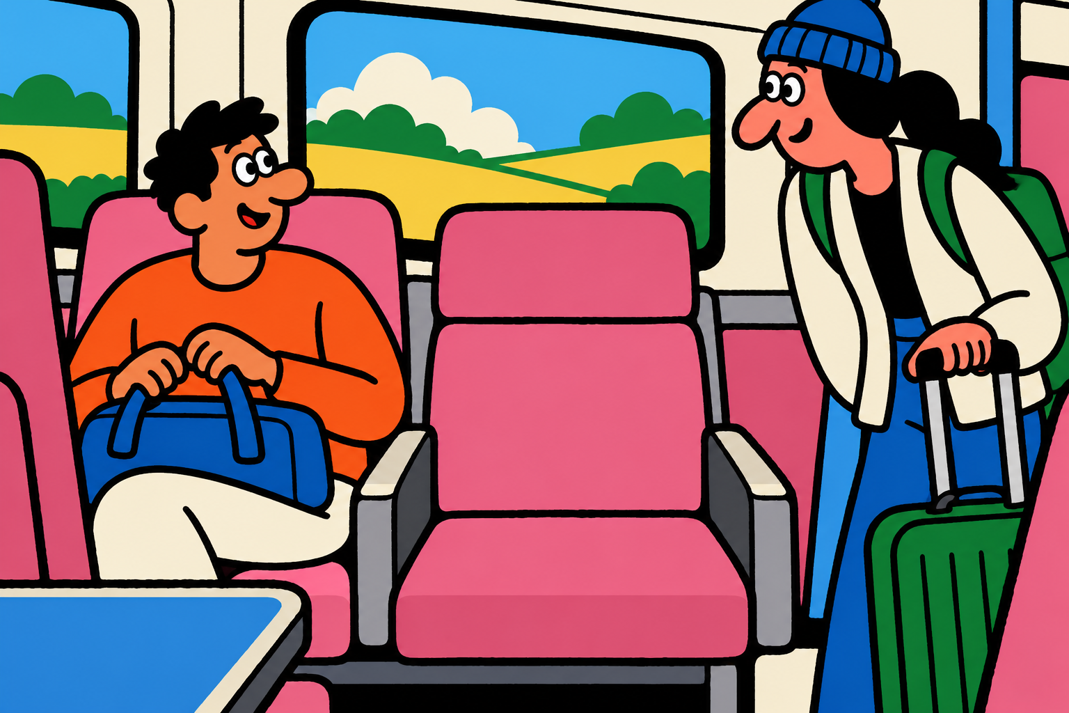 Inside a train carriage, a passenger lifts a bag from an empty pink seat to make room for someone arriving with a suitcase.