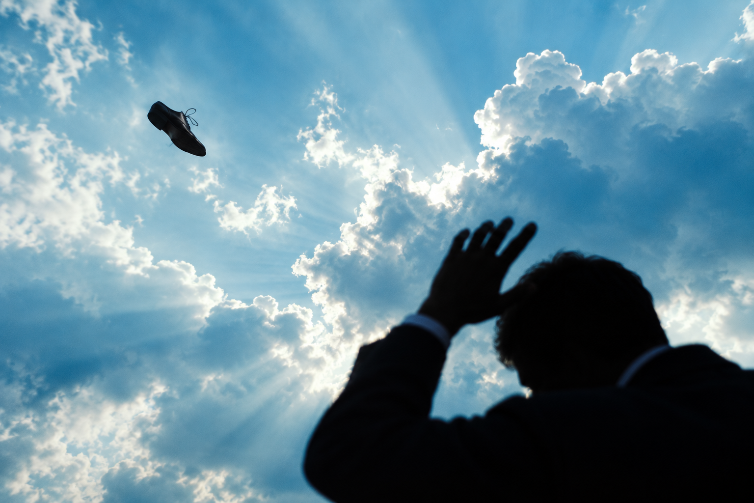 A silhouetted man raises a hand beside his lowered head as a dark shoe hangs in a luminous blue, cloud-filled sky.
