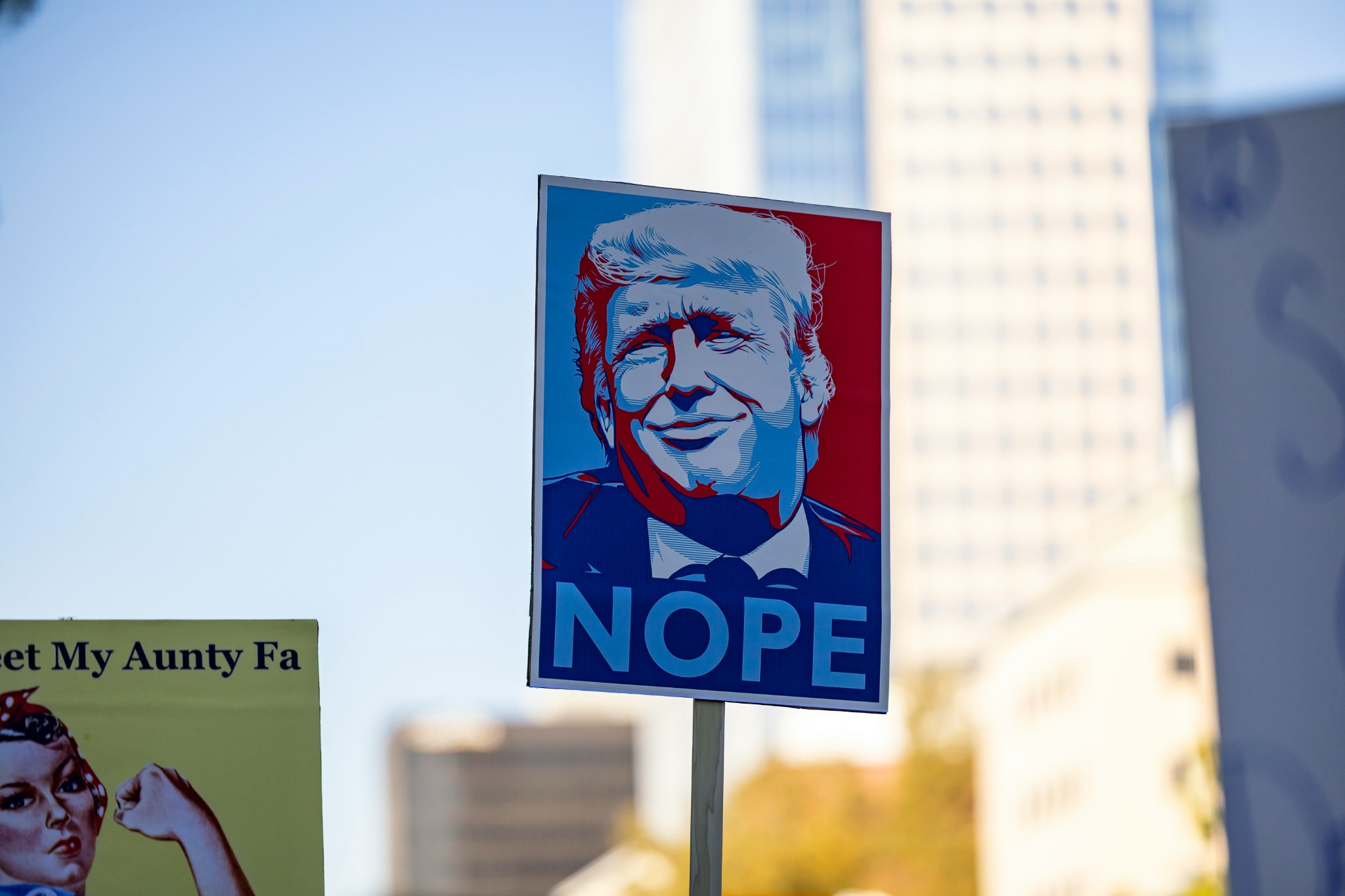 A protest placard shows a red, white and blue portrait of Donald Trump above the word NOPE, with city buildings in the background.
