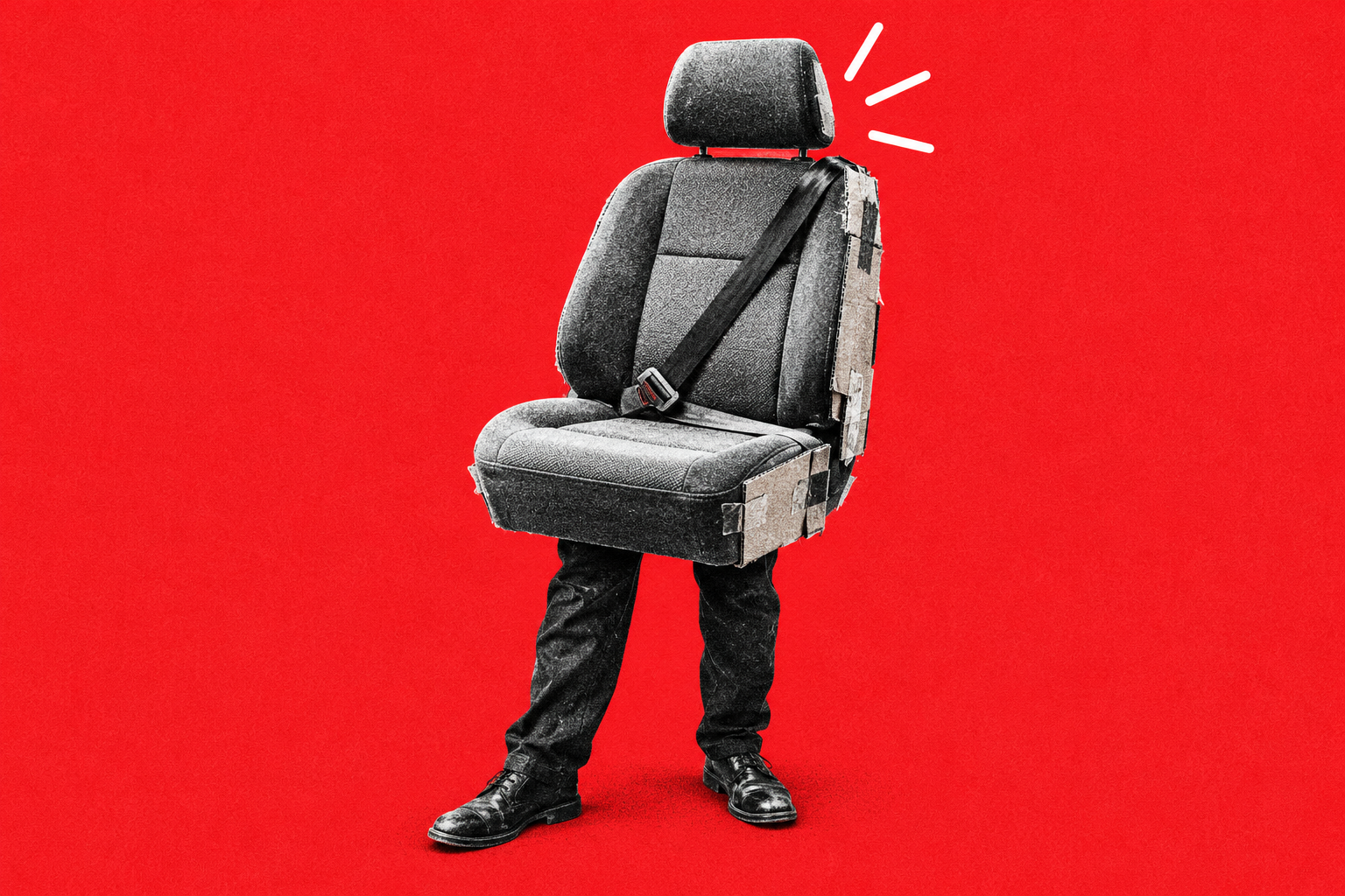 A black-and-white passenger-seat costume with trousered legs against a grainy red background.