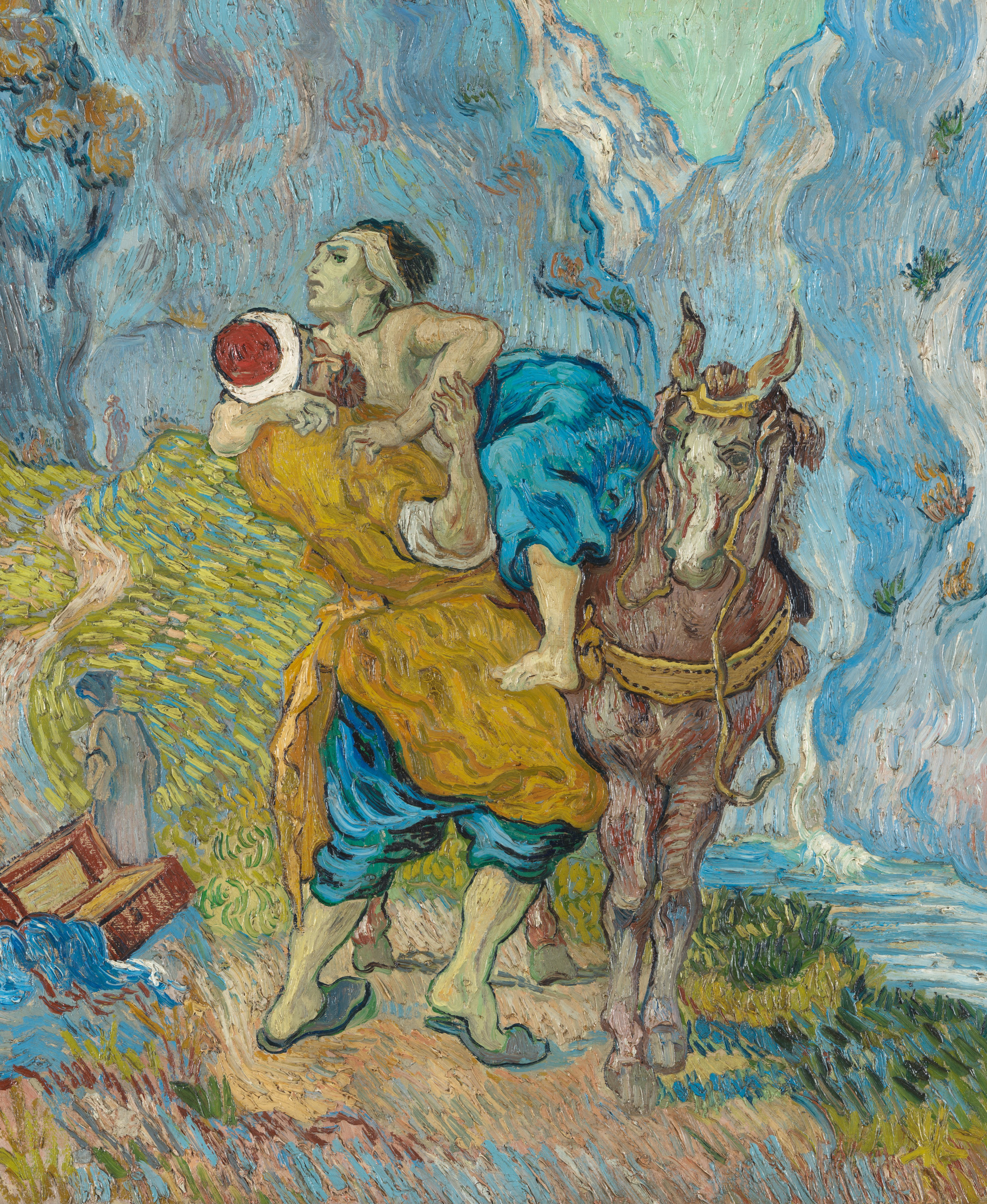Vincent van Gogh’s The Good Samaritan: a man in yellow lifts a wounded traveler onto a horse against a blue mountain landscape.